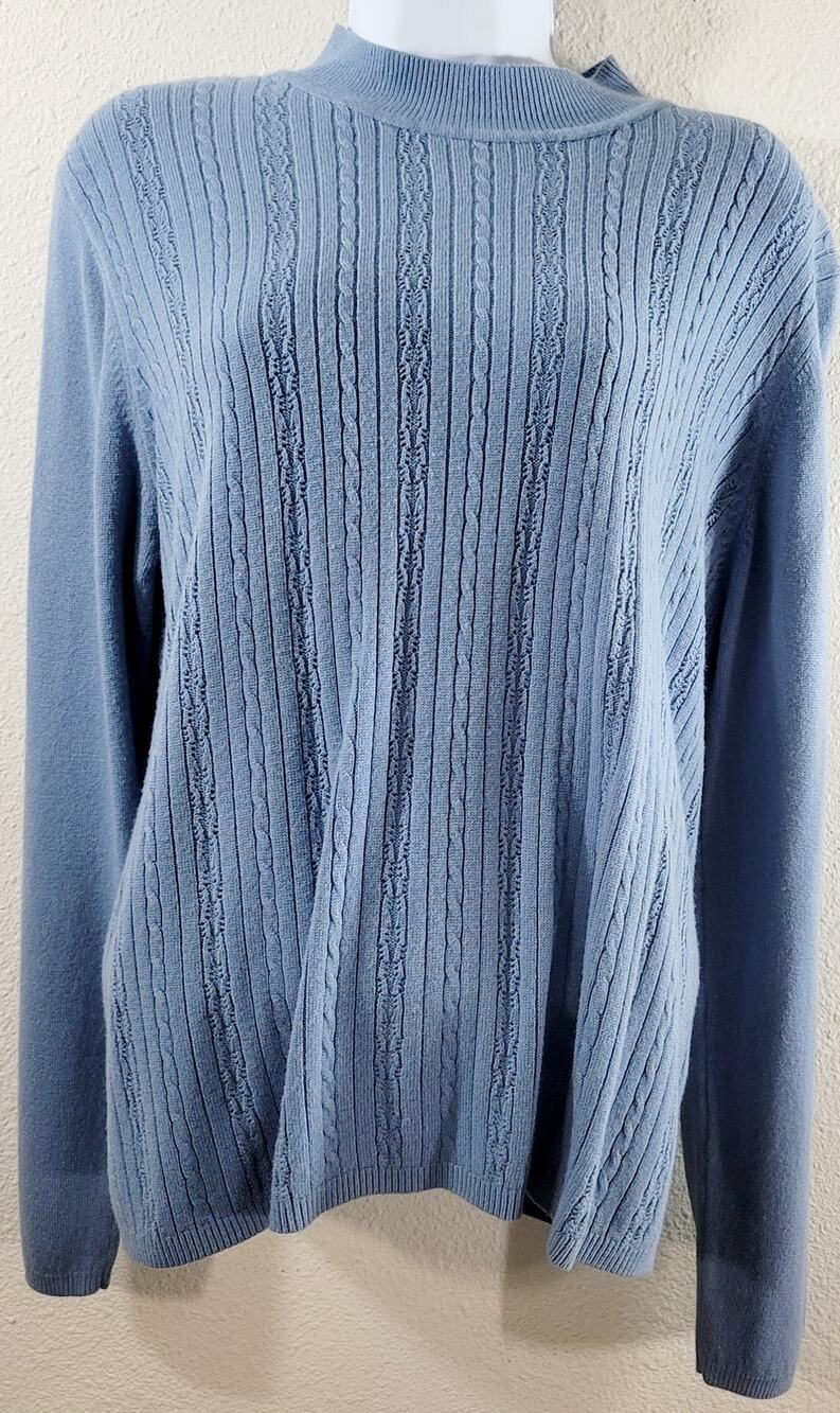 Draper's & Damon's Blue Cable Knit Mock Neck Sweater Top Large Lightweight Soft